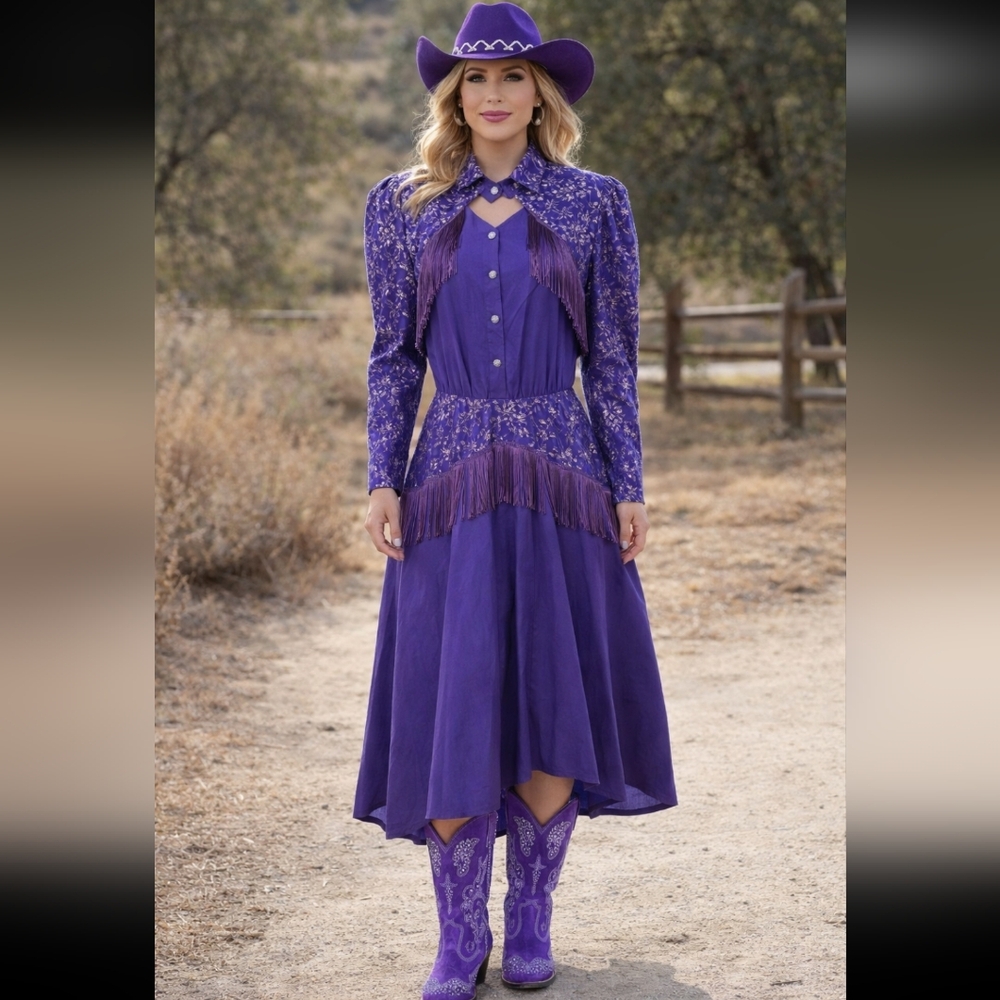 Lilia Smith Purple Lace Fringe Western Vintage Dress 13/14